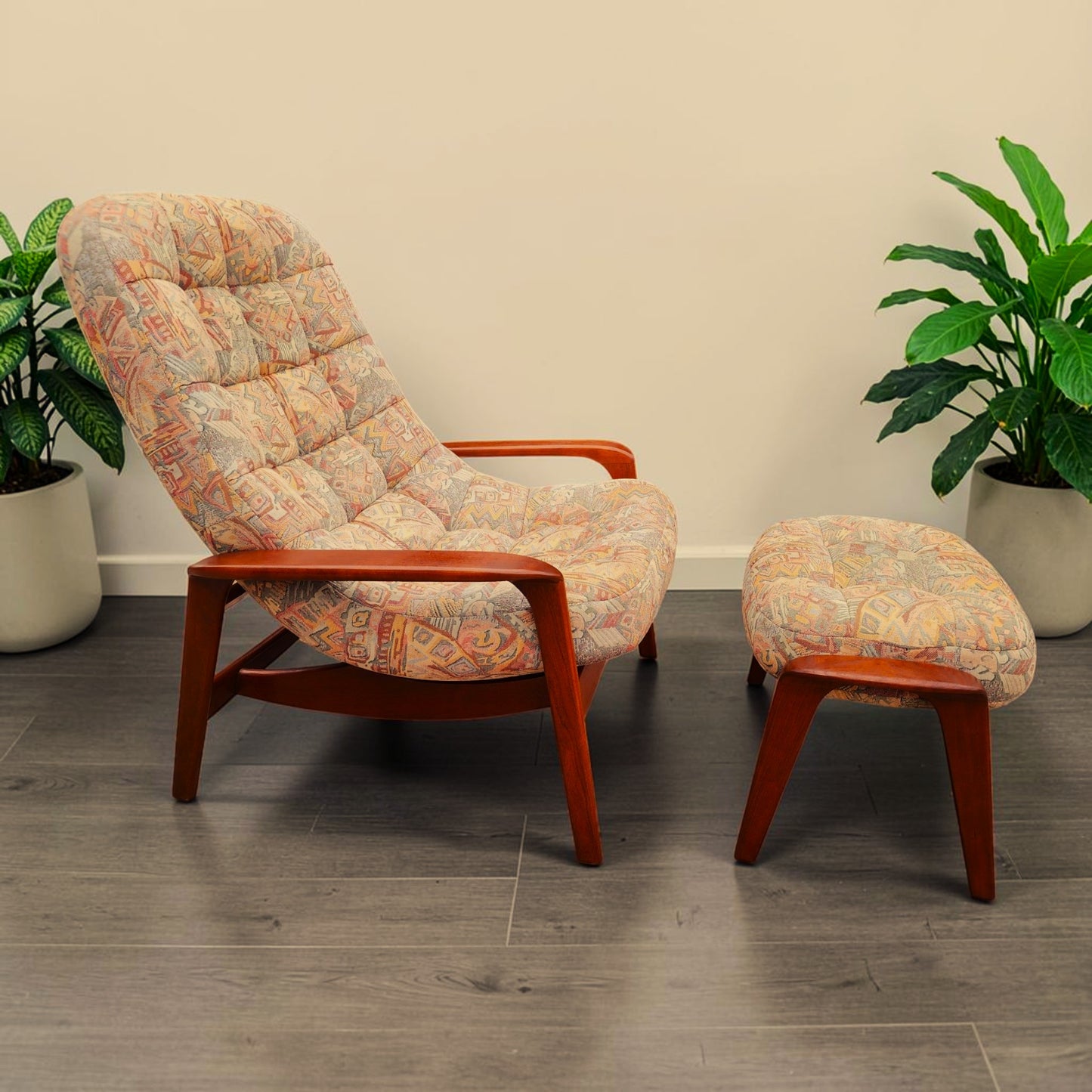 REFINISHED MCM Teak Scoop Lounge Chair & Ottoman by Huber