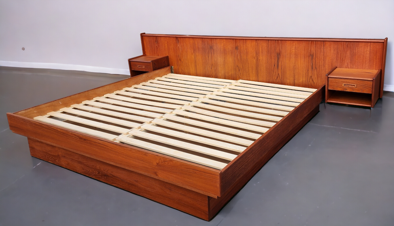 REFINISHED Mid Century Modern Teak Bed w Floating Nightstands King