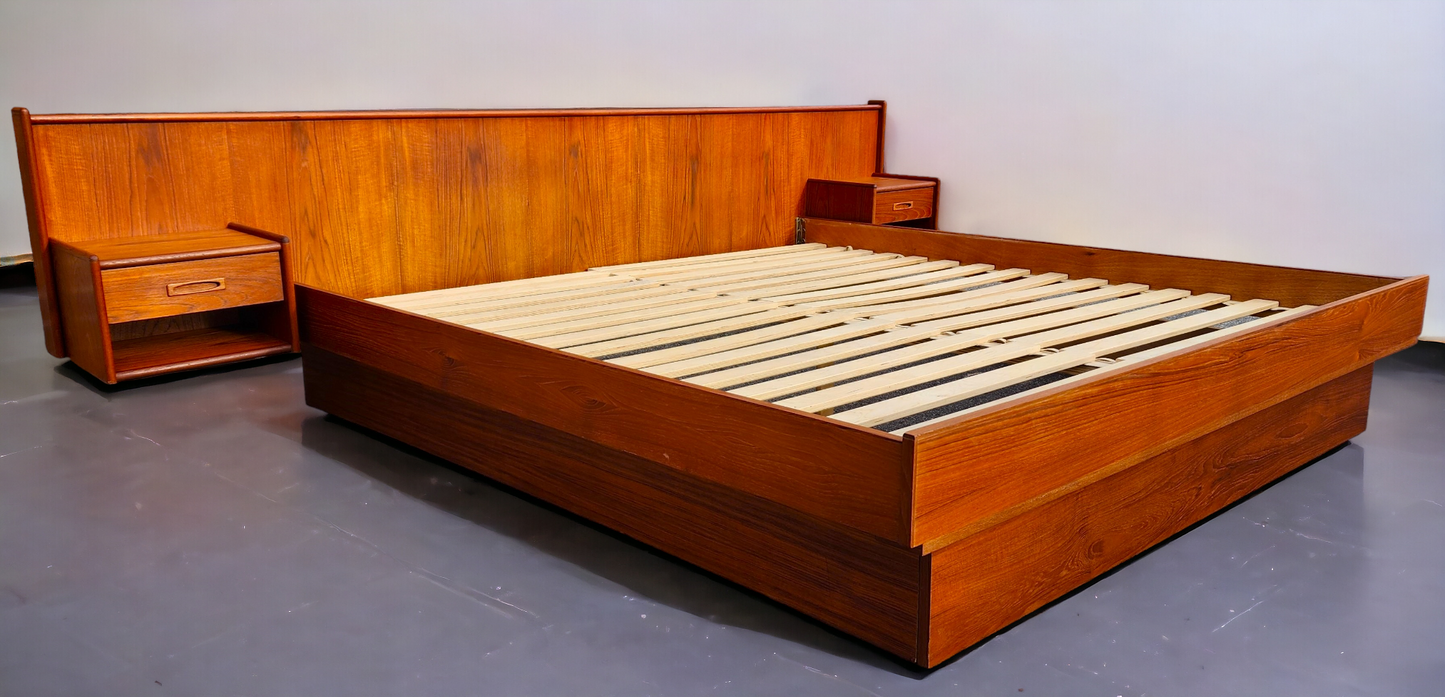 REFINISHED Mid Century Modern Teak Bed w Floating Nightstands King