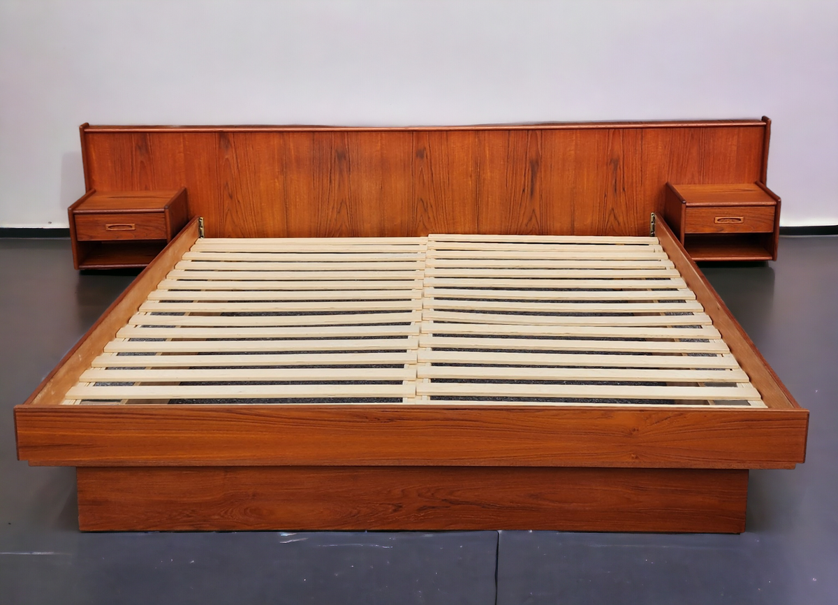 REFINISHED Mid Century Modern Teak Bed w Floating Nightstands King