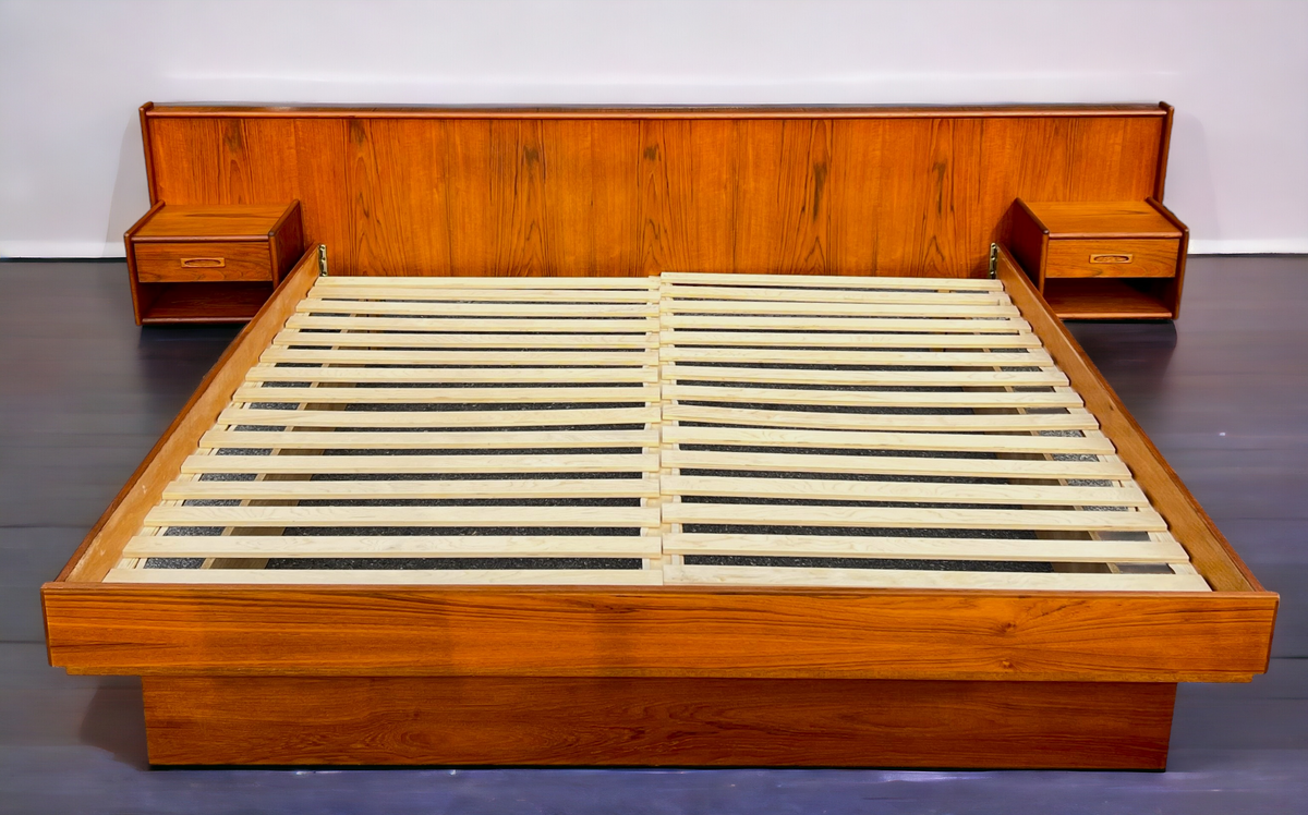 REFINISHED Mid Century Modern Teak Bed w Floating Nightstands King