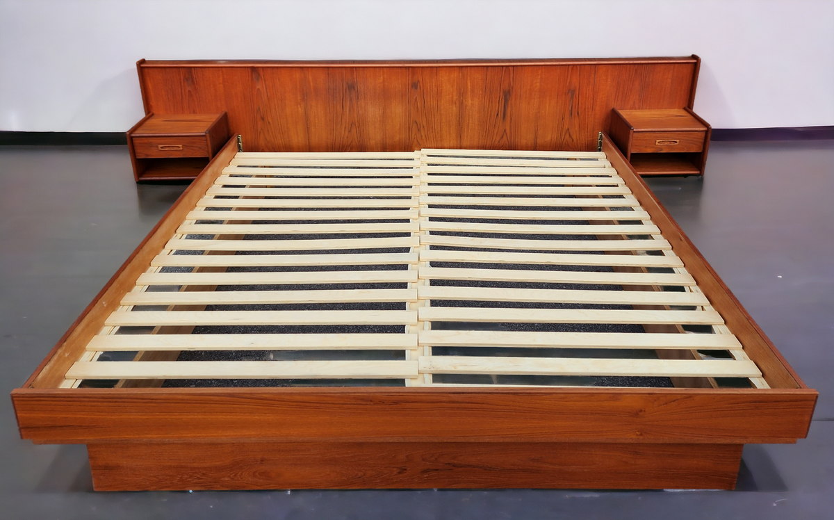 REFINISHED Mid Century Modern Teak Bed w Floating Nightstands King