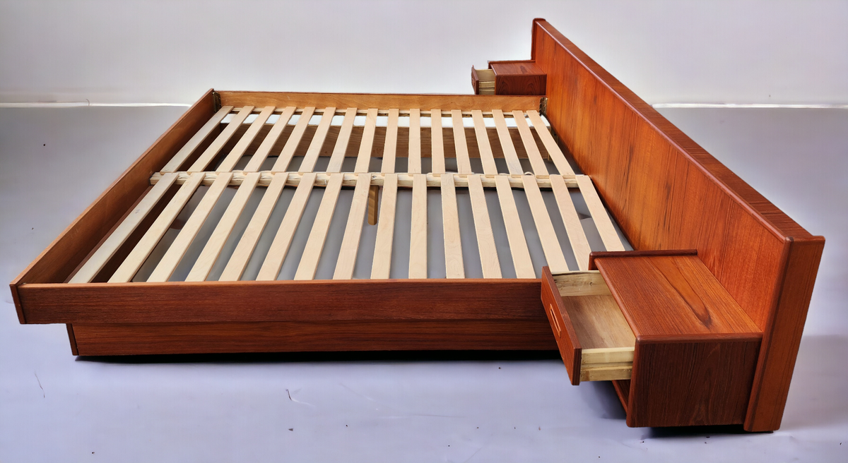 REFINISHED Mid Century Modern Teak Bed w Floating Nightstands King