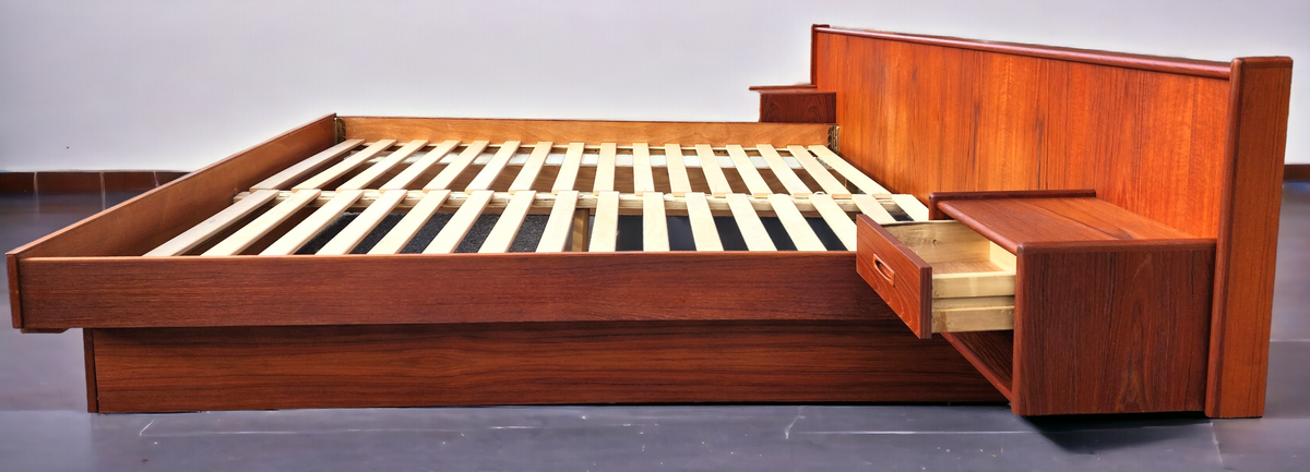 REFINISHED Mid Century Modern Teak Bed w Floating Nightstands King