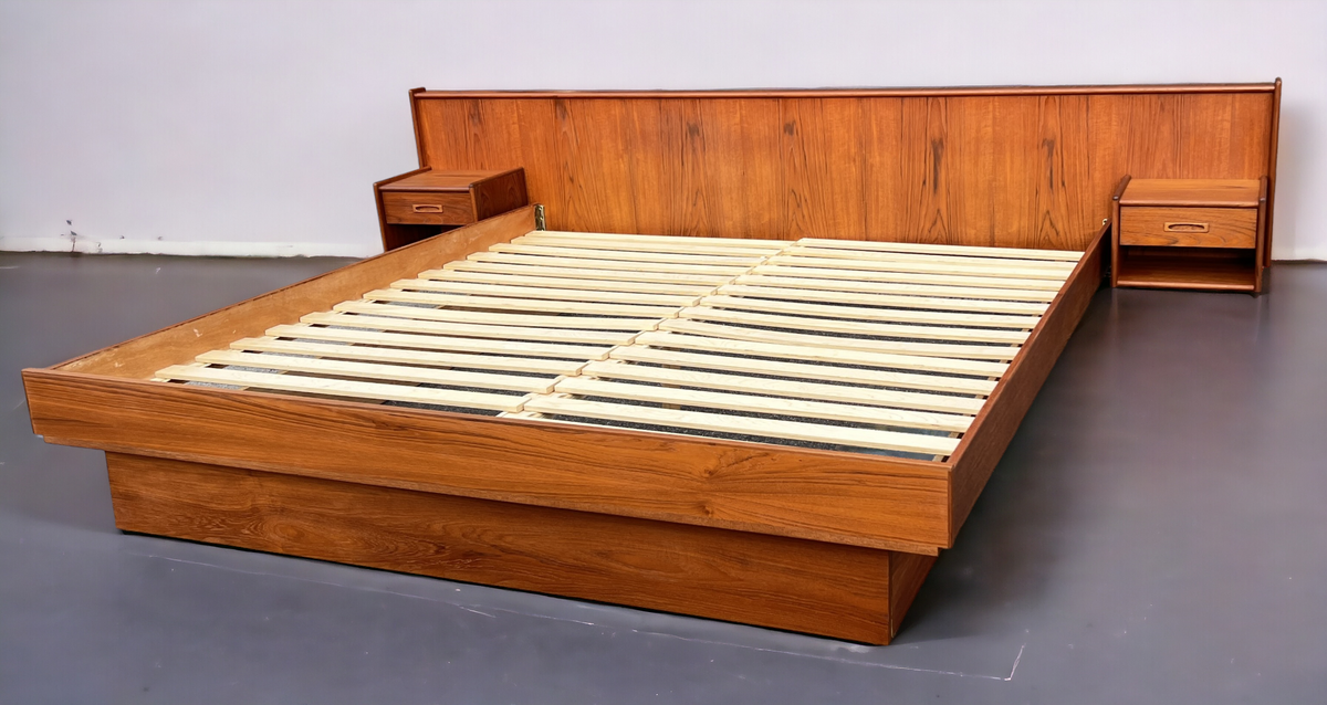 REFINISHED Mid Century Modern Teak Bed w Floating Nightstands King