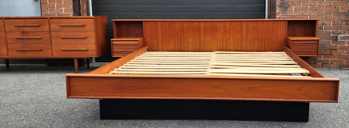REFINISHED Danish Mid Century Modern Teak King Bed w Nightstands and 9 Drawers Dresser
