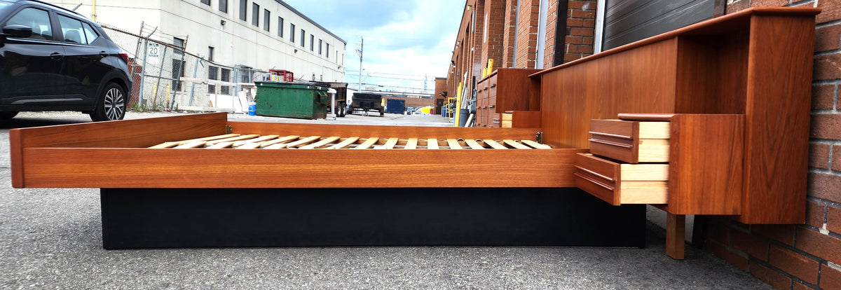 REFINISHED Danish Mid Century Modern Teak King Bed w Nightstands and 9 Drawers Dresser