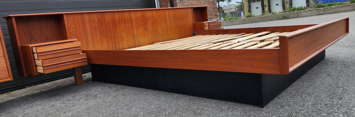 REFINISHED Danish Mid Century Modern Teak King Bed w Nightstands and 9 Drawers Dresser
