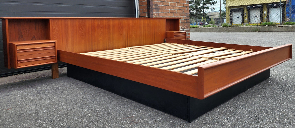 REFINISHED Danish Mid Century Modern Teak King Bed w Nightstands and 9 Drawers Dresser