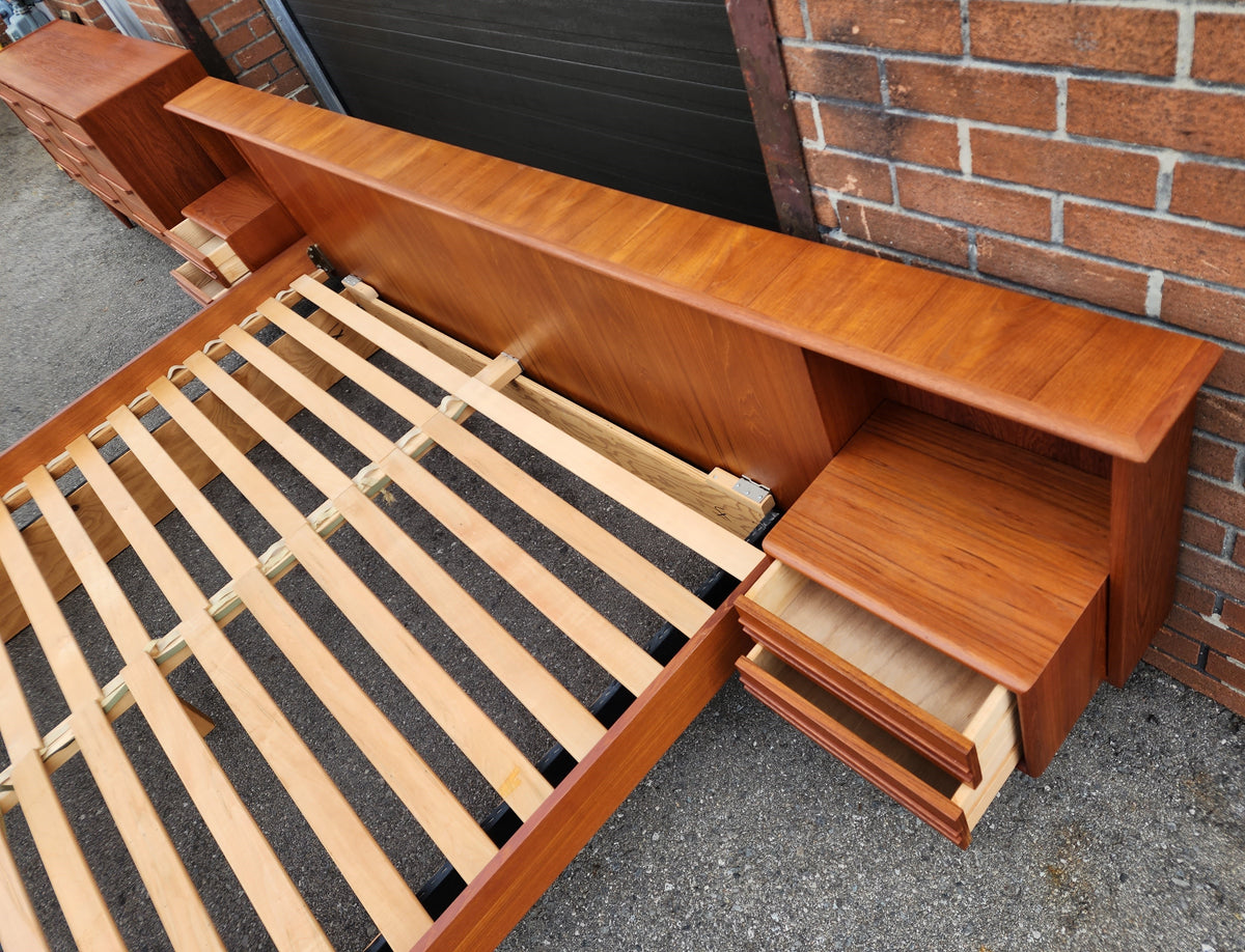 REFINISHED Danish Mid Century Modern Teak King Bed w Nightstands and 9 Drawers Dresser