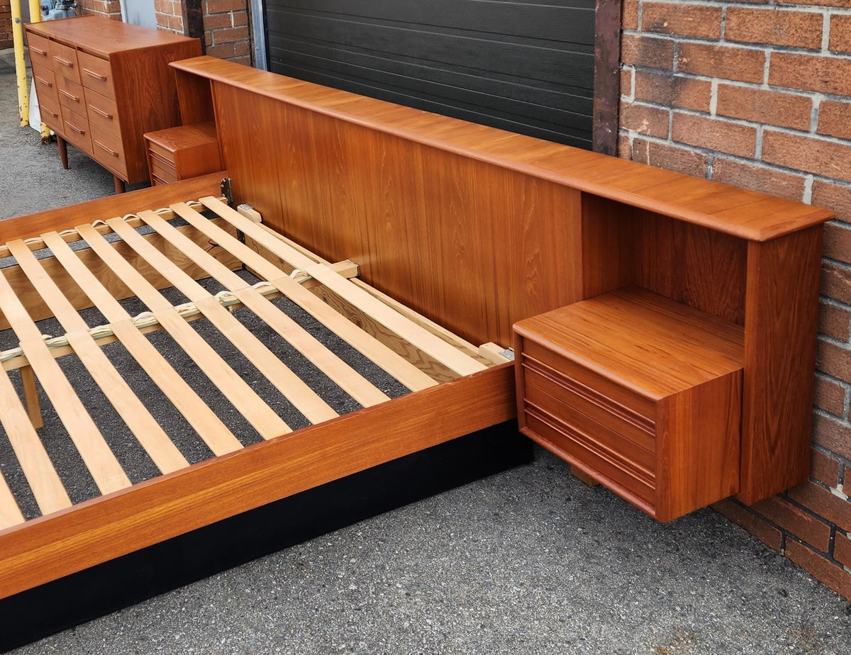 REFINISHED Danish Mid Century Modern Teak King Bed w Nightstands and 9 Drawers Dresser