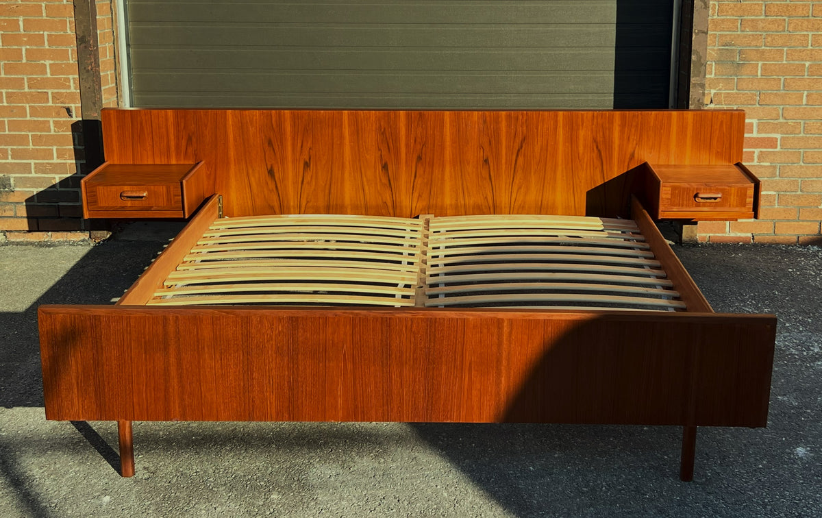 REFINISHED Mid Century Modern Teak Bed King w Floating Nightstands