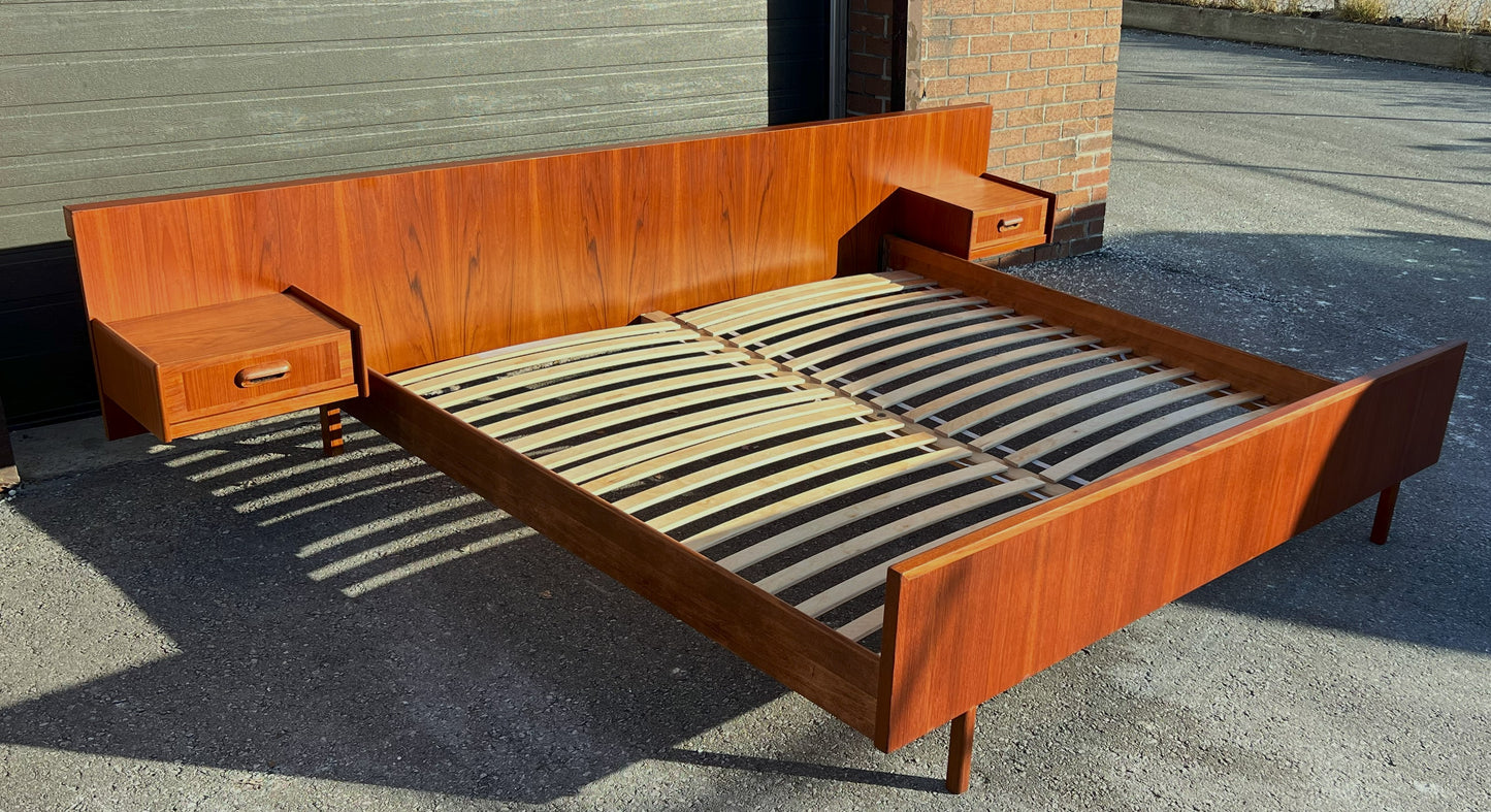 REFINISHED Mid Century Modern Teak Bed King w Floating Nightstands