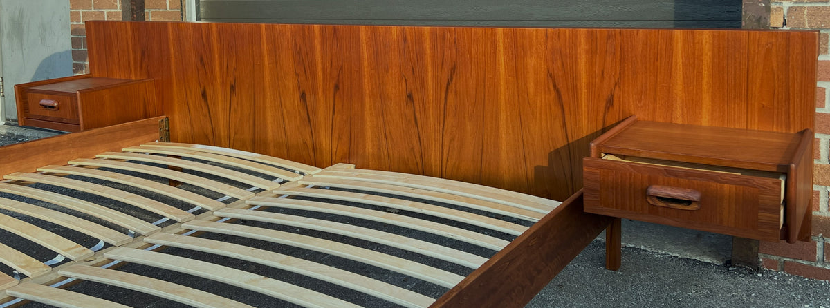 REFINISHED Mid Century Modern Teak Bed King w Floating Nightstands