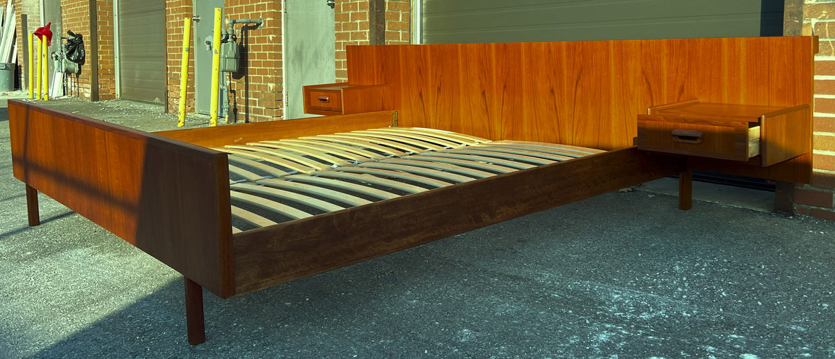 REFINISHED Mid Century Modern Teak Bed King w Floating Nightstands