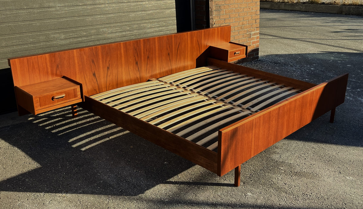 REFINISHED Mid Century Modern Teak Bed King w Floating Nightstands