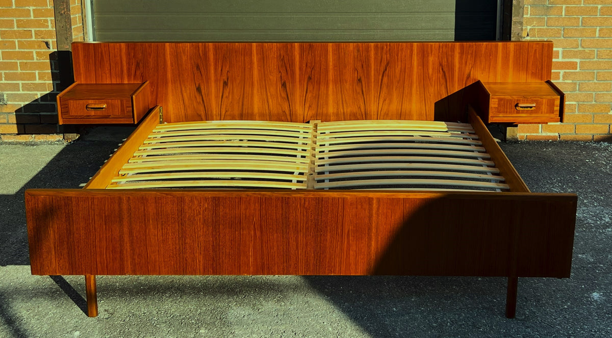 REFINISHED Mid Century Modern Teak Bed King w Floating Nightstands