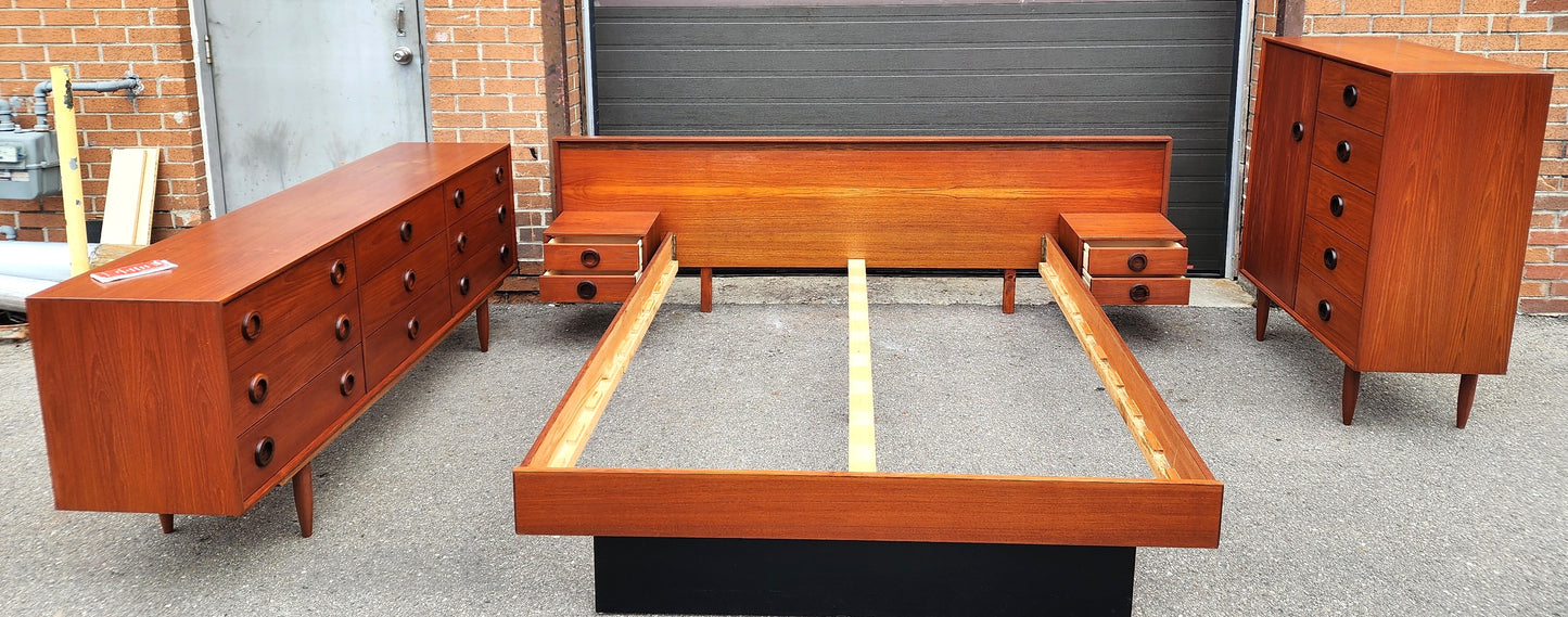 REFINISHED MCM Teak & Rosewood Bed Queen w nightstands, 9 Drawers Dresser & Tallboy