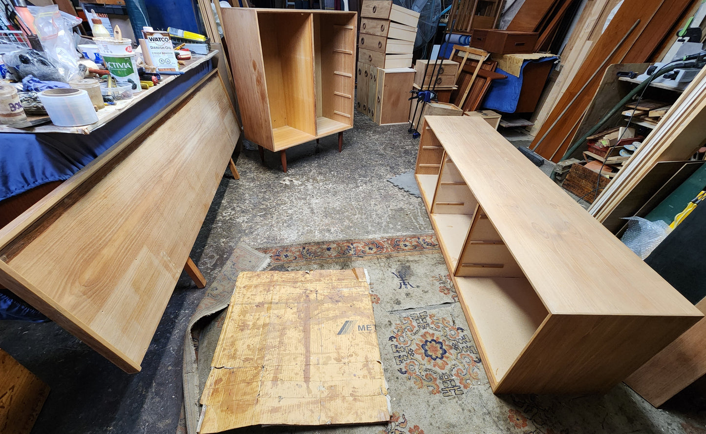 REFINISHED MCM Teak & Rosewood Bed Queen w nightstands, 9 Drawers Dresser & Tallboy