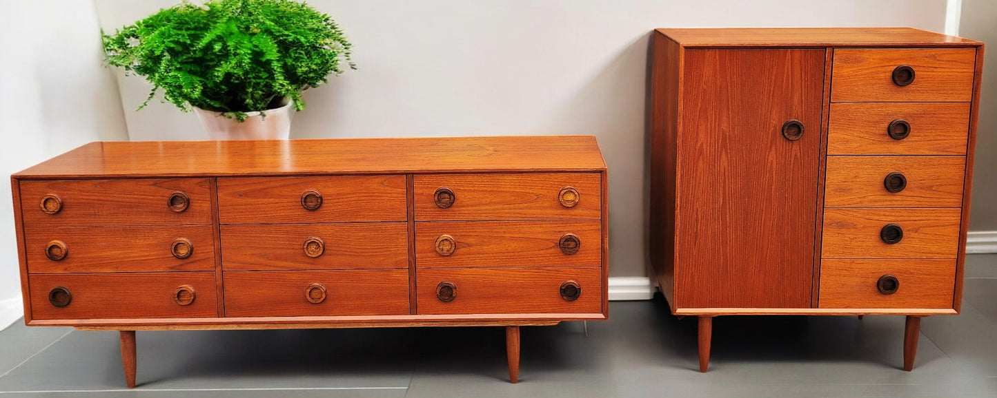 REFINISHED MCM Teak & Rosewood Bed Queen w nightstands, 9 Drawers Dresser & Tallboy