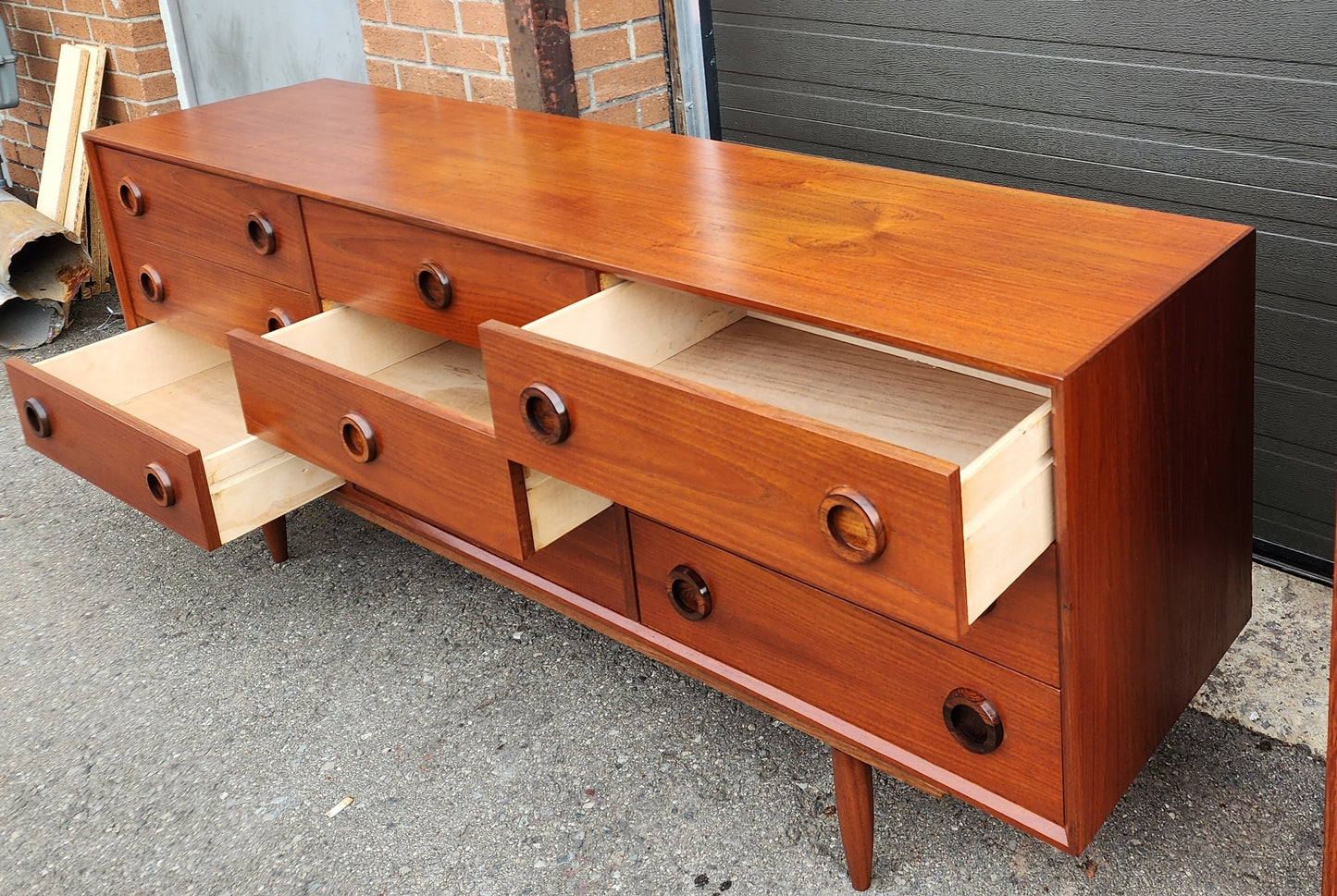 REFINISHED MCM Teak & Rosewood Bed Queen w nightstands, 9 Drawers Dresser & Tallboy