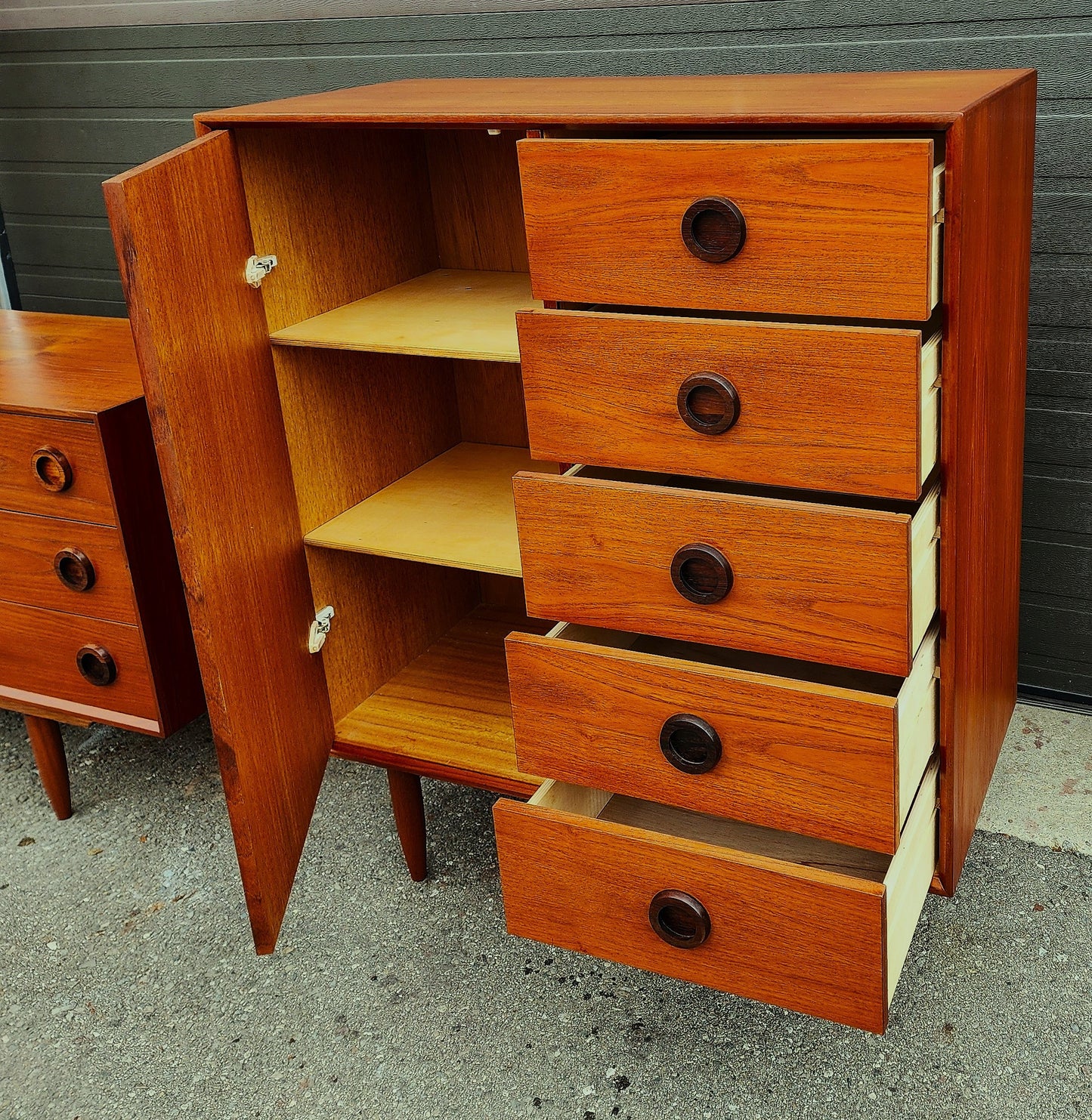 REFINISHED MCM Teak & Rosewood Bed Queen w nightstands, 9 Drawers Dresser & Tallboy