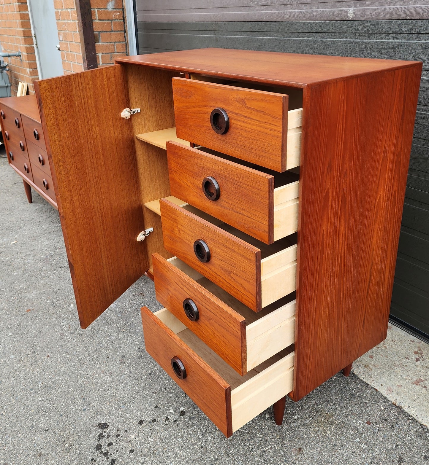 REFINISHED MCM Teak & Rosewood Bed Queen w nightstands, 9 Drawers Dresser & Tallboy