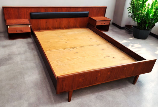 REFINISHED Danish Mid Century Modern Teak Bed w Floating Nightstands Queen