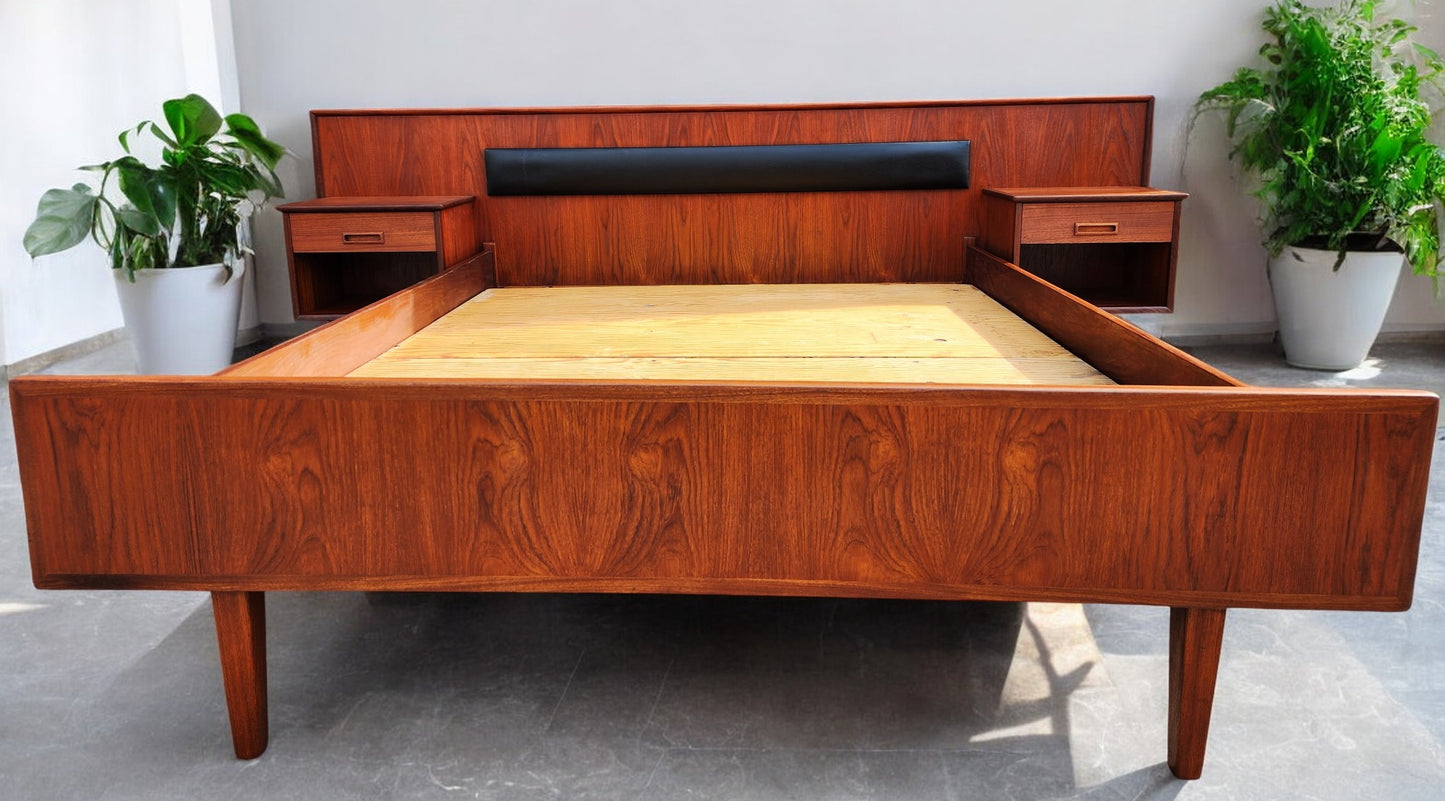 REFINISHED Danish Mid Century Modern Teak Bed w Floating Nightstands Queen