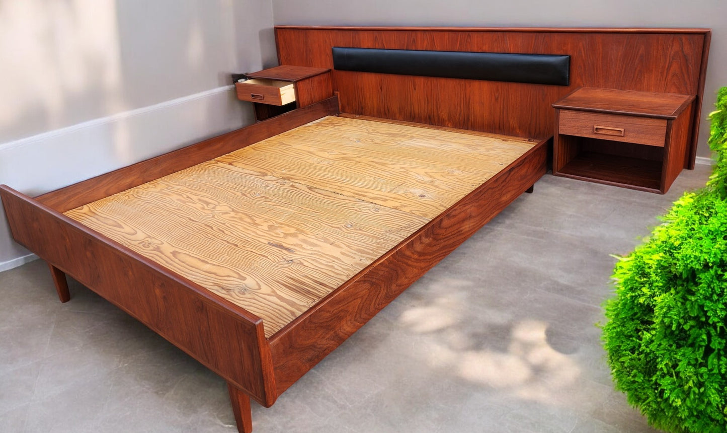 REFINISHED Danish Mid Century Modern Teak Bed w Floating Nightstands Queen