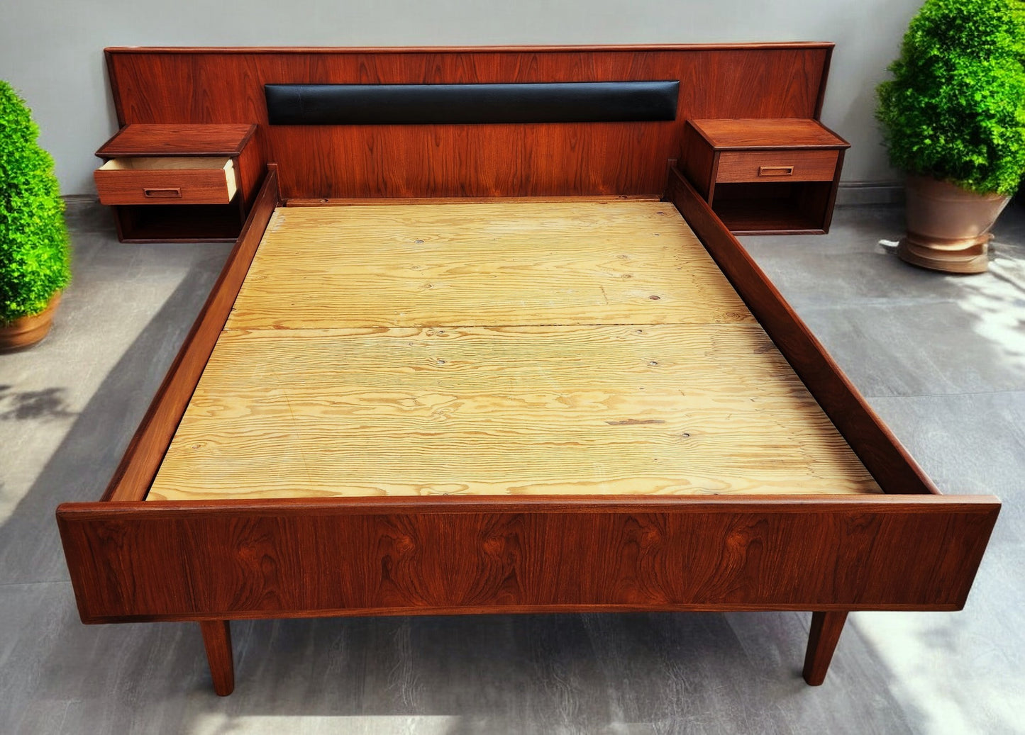 REFINISHED Danish Mid Century Modern Teak Bed w Floating Nightstands Queen