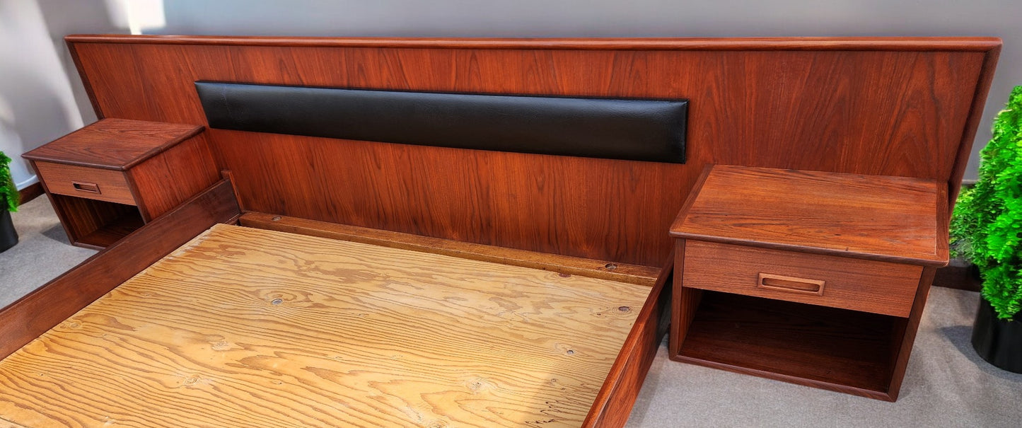 REFINISHED Danish Mid Century Modern Teak Bed w Floating Nightstands Queen