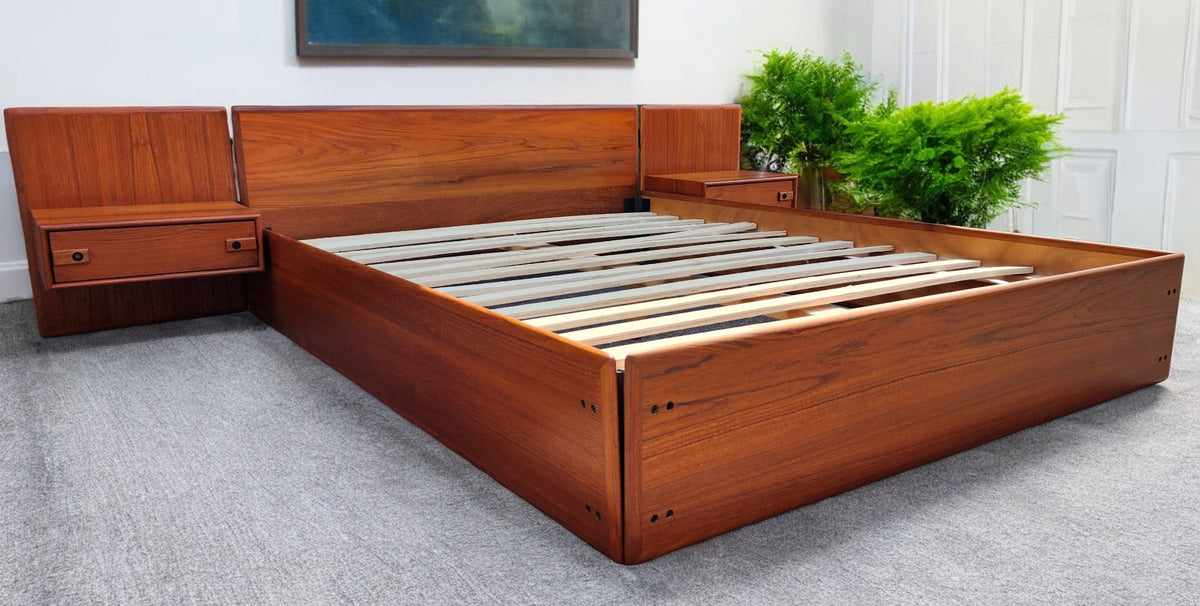 REFINISHED Mid Century Modern Teak Queen Bed w Floating Nightstands