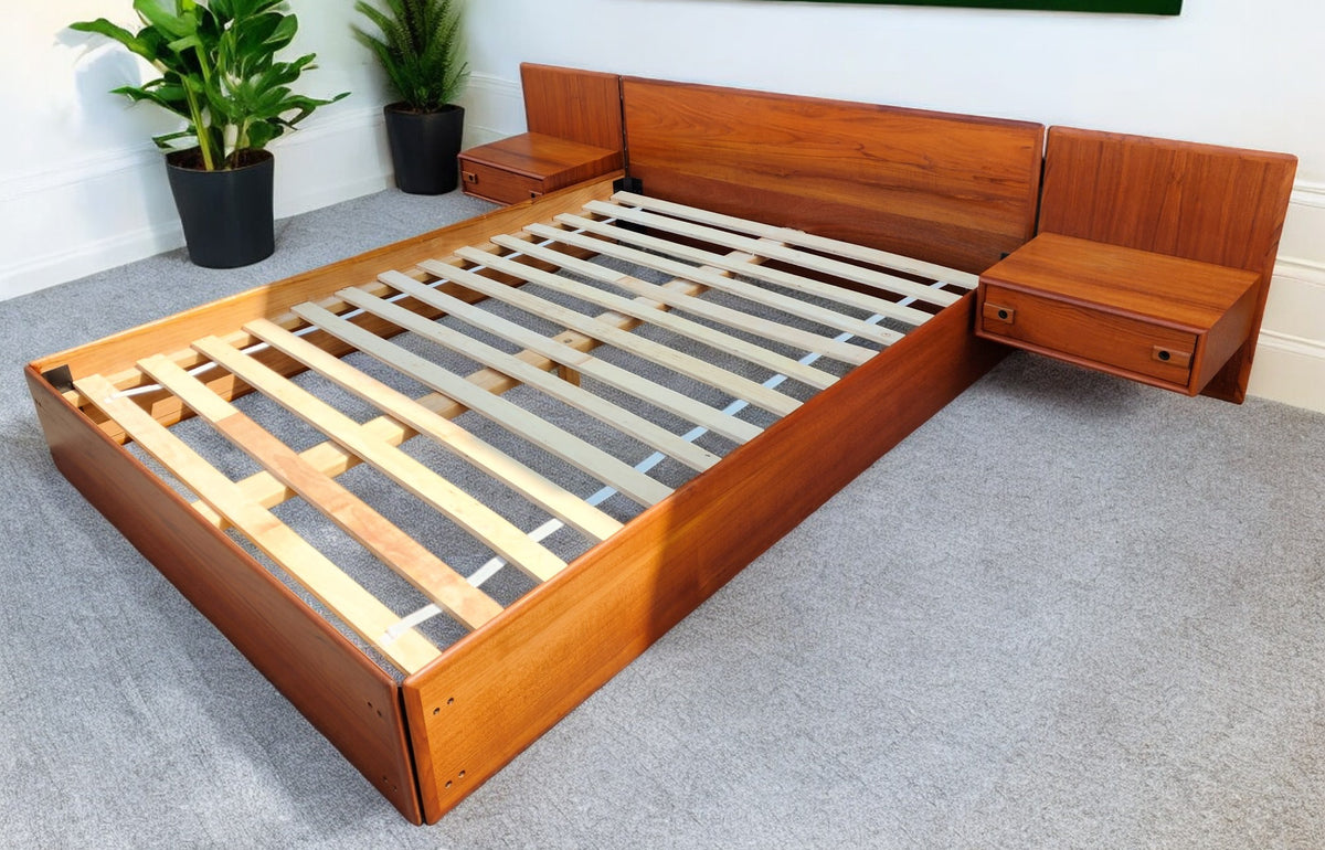 REFINISHED Mid Century Modern Teak Queen Bed w Floating Nightstands
