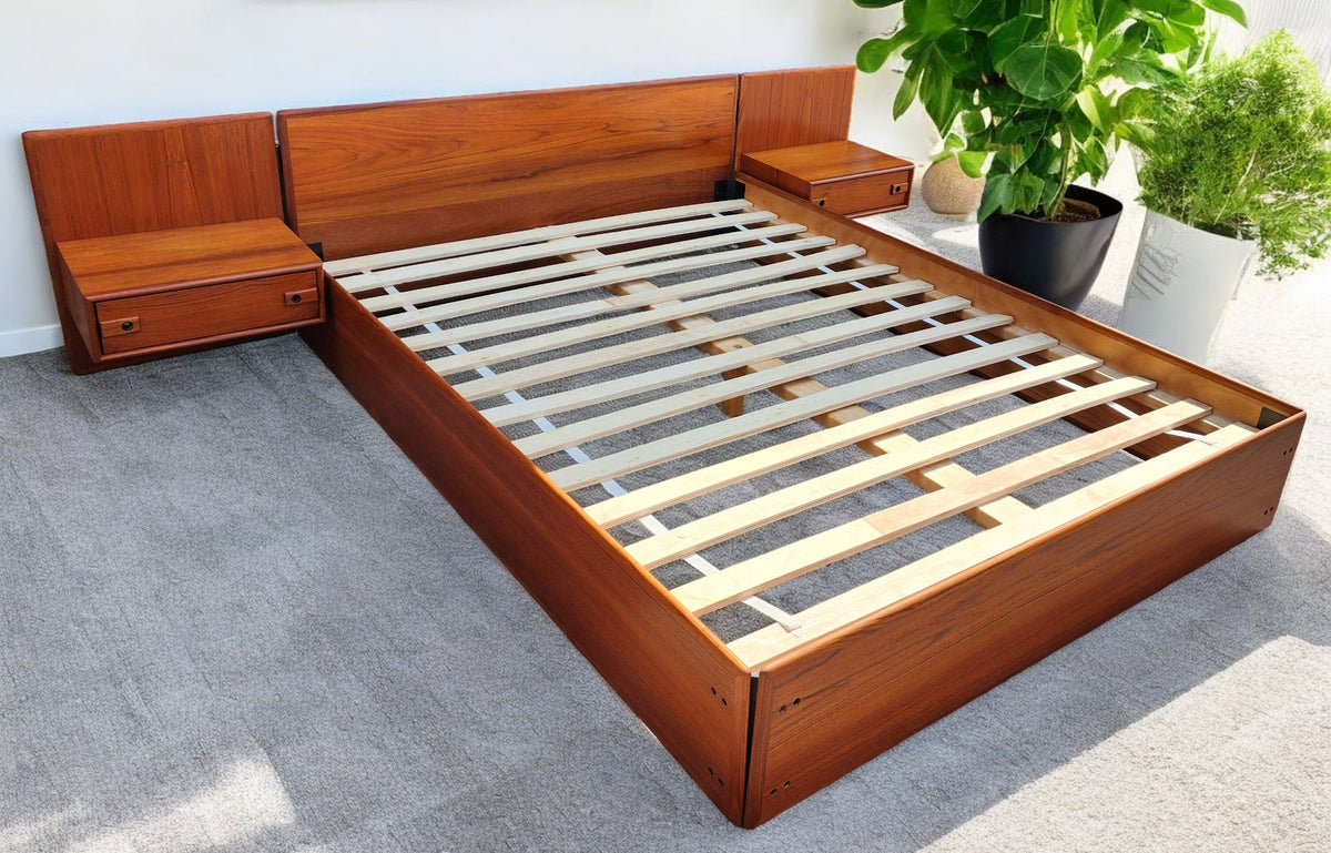 REFINISHED Mid Century Modern Teak Queen Bed w Floating Nightstands