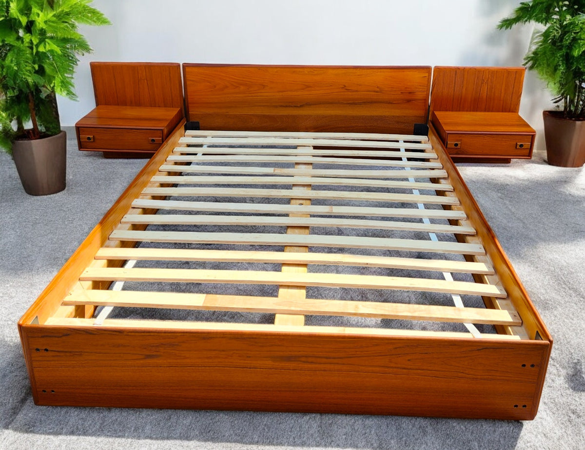 REFINISHED Mid Century Modern Teak Queen Bed w Floating Nightstands