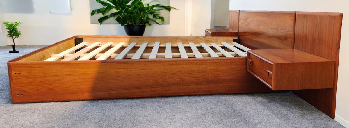 REFINISHED Mid Century Modern Teak Queen Bed w Floating Nightstands