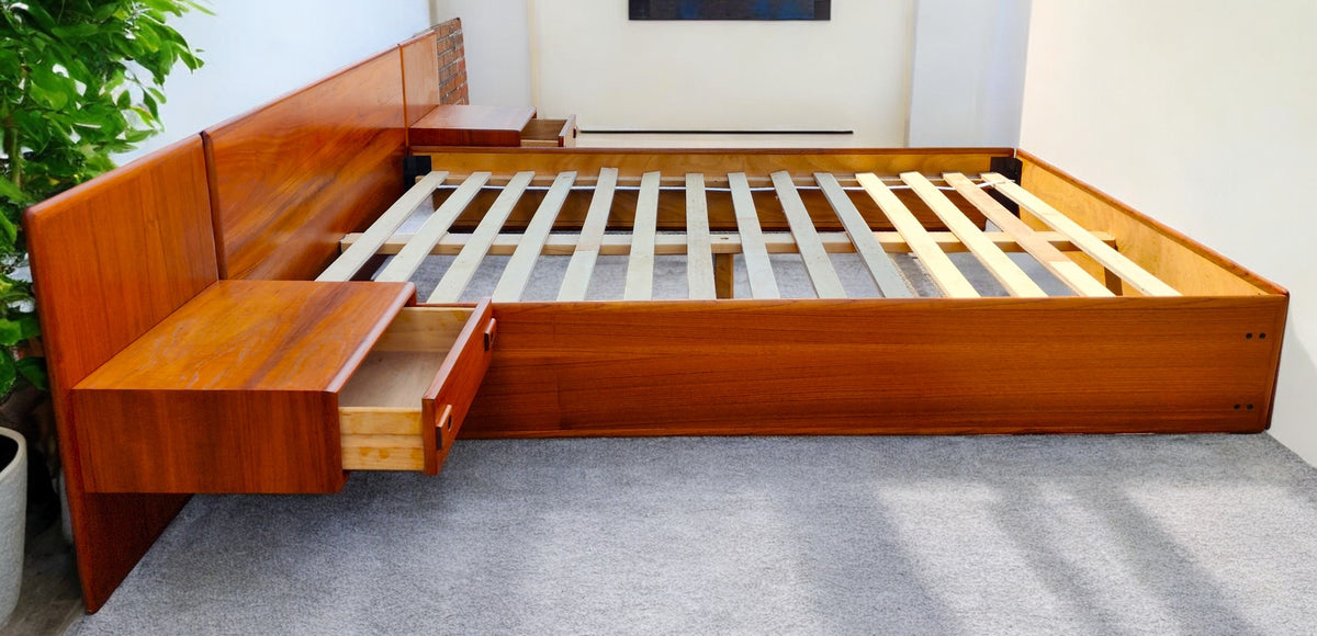 REFINISHED Mid Century Modern Teak Queen Bed w Floating Nightstands