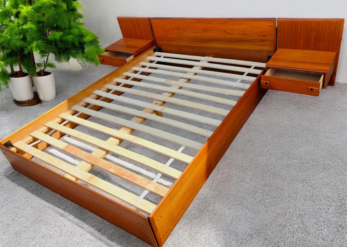 REFINISHED Mid Century Modern Teak Queen Bed w Floating Nightstands