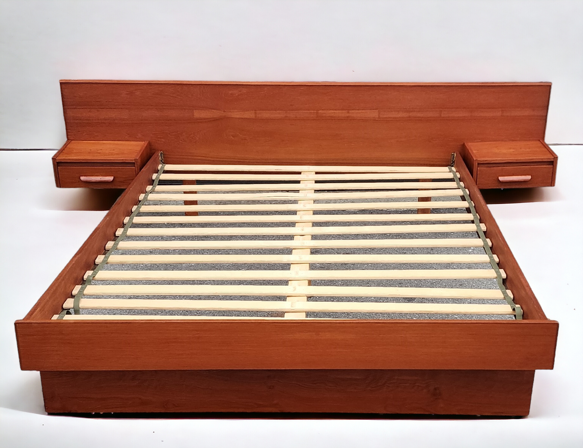 REFINISHED Mid Century Modern Teak Queen Bed w Floating Nightstands