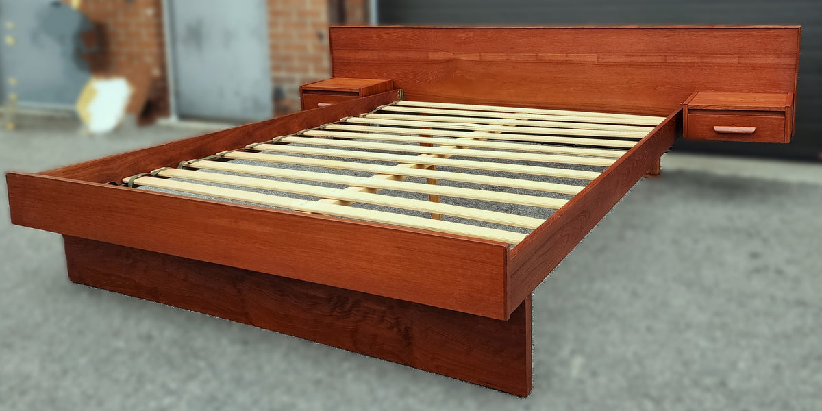 REFINISHED Mid Century Modern Teak Queen Bed w Floating Nightstands