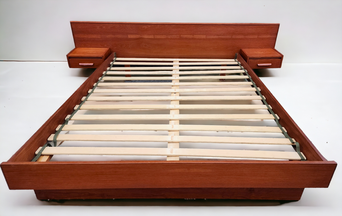 REFINISHED Mid Century Modern Teak Queen Bed w Floating Nightstands