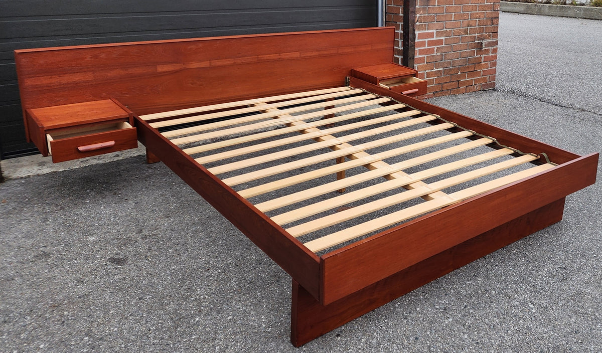 REFINISHED Mid Century Modern Teak Queen Bed w Floating Nightstands