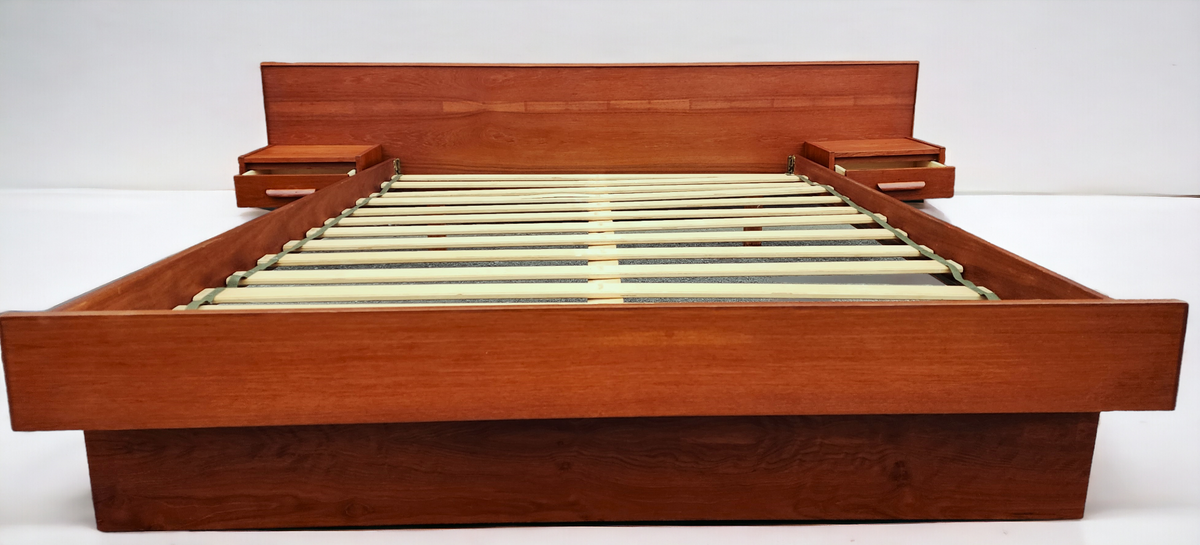 REFINISHED Mid Century Modern Teak Queen Bed w Floating Nightstands
