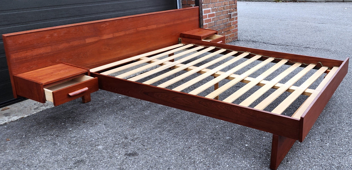 REFINISHED Mid Century Modern Teak Queen Bed w Floating Nightstands