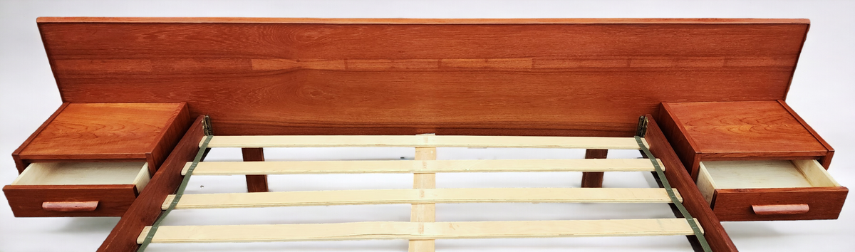 REFINISHED Mid Century Modern Teak Queen Bed w Floating Nightstands