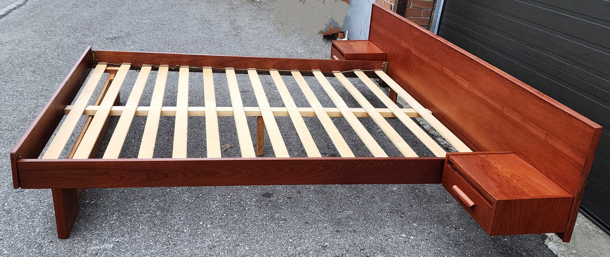 REFINISHED Mid Century Modern Teak Queen Bed w Floating Nightstands