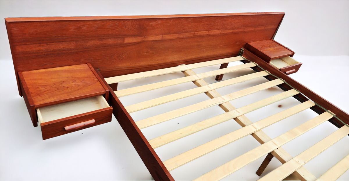 REFINISHED Mid Century Modern Teak Queen Bed w Floating Nightstands