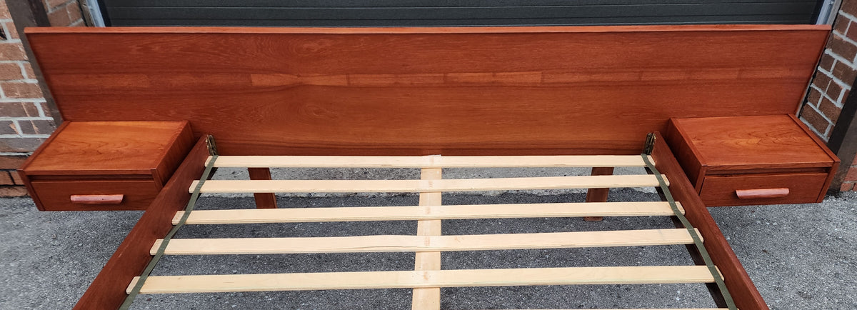 REFINISHED Mid Century Modern Teak Queen Bed w Floating Nightstands