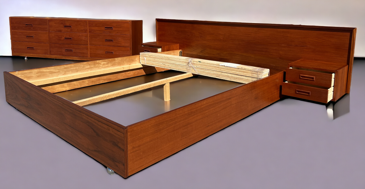REFINISHED Mid Century Modern Teak Queen Bed w Nightstands & Dresser w 9 Drawers